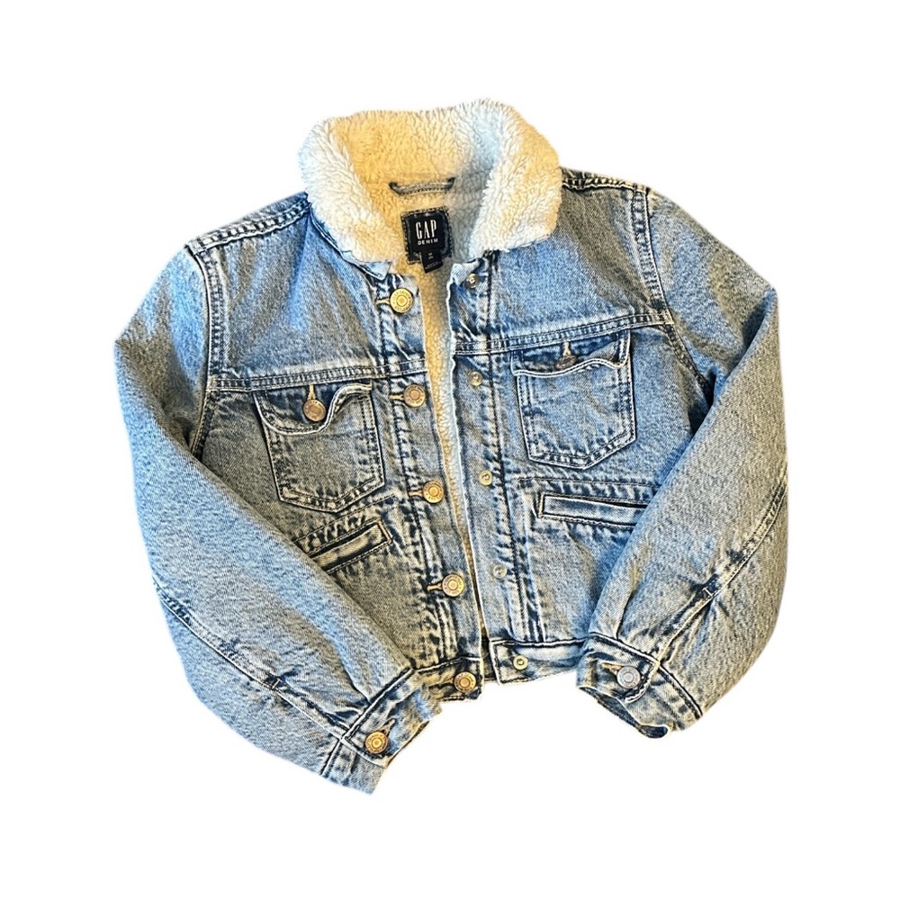 GAP Kids Light Blue Denim Jacket with Cream Sherpa Collar